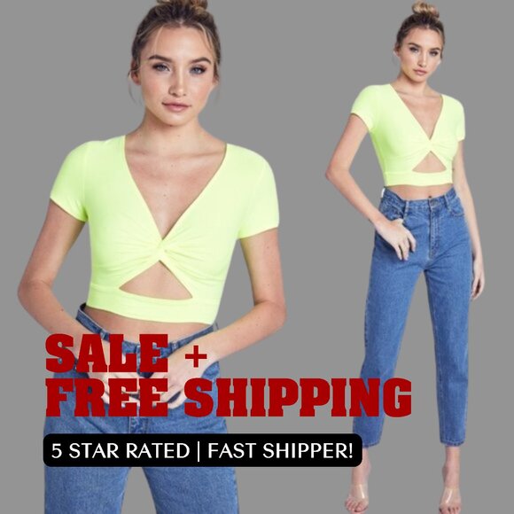 Heiress Blank Tops - Fashion, Casual, Day to Night, Cut out, bright yellow, short sleeve, summer top